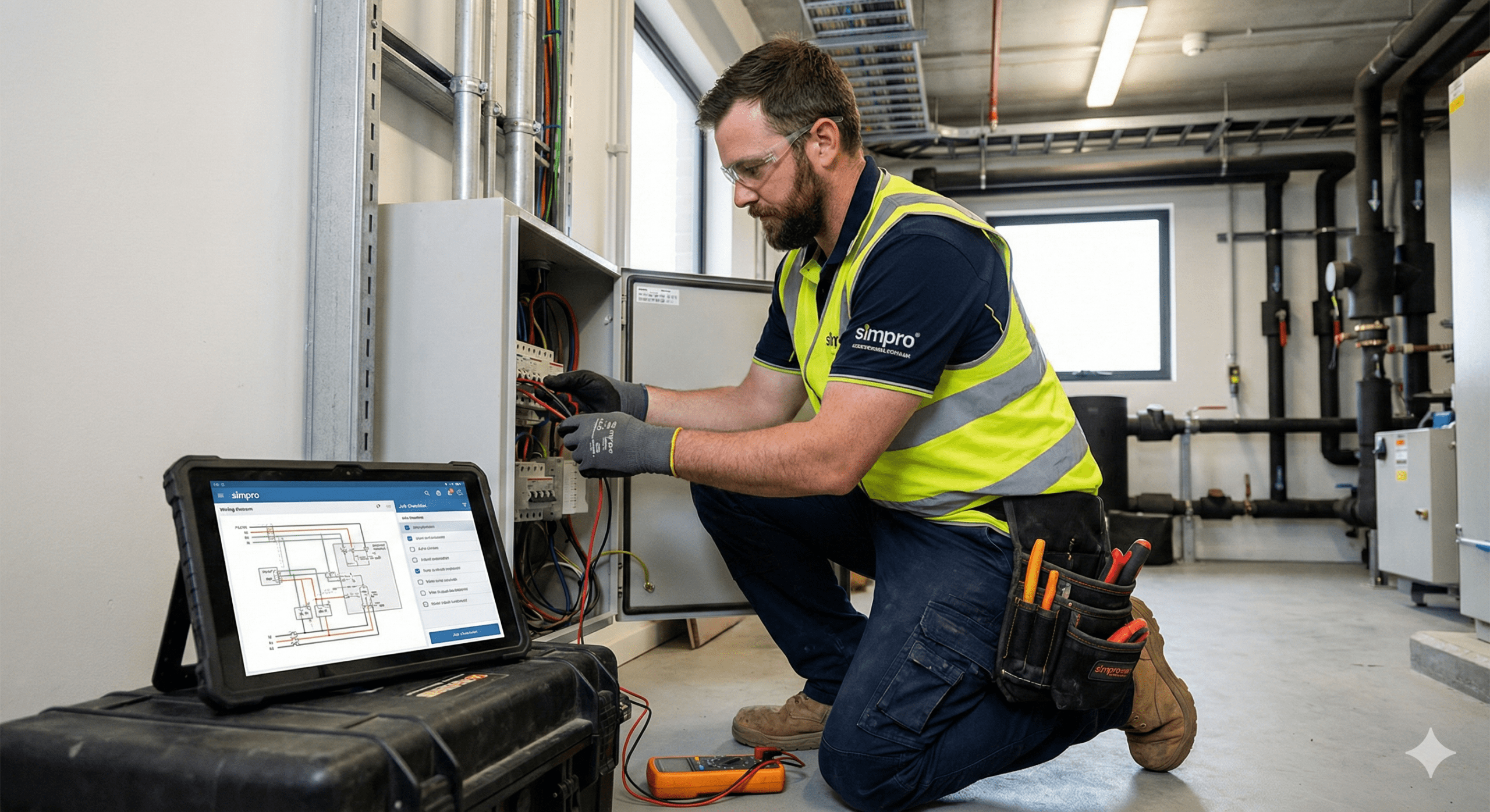 Electrician Working Electrician using a Job Management System to organise his services